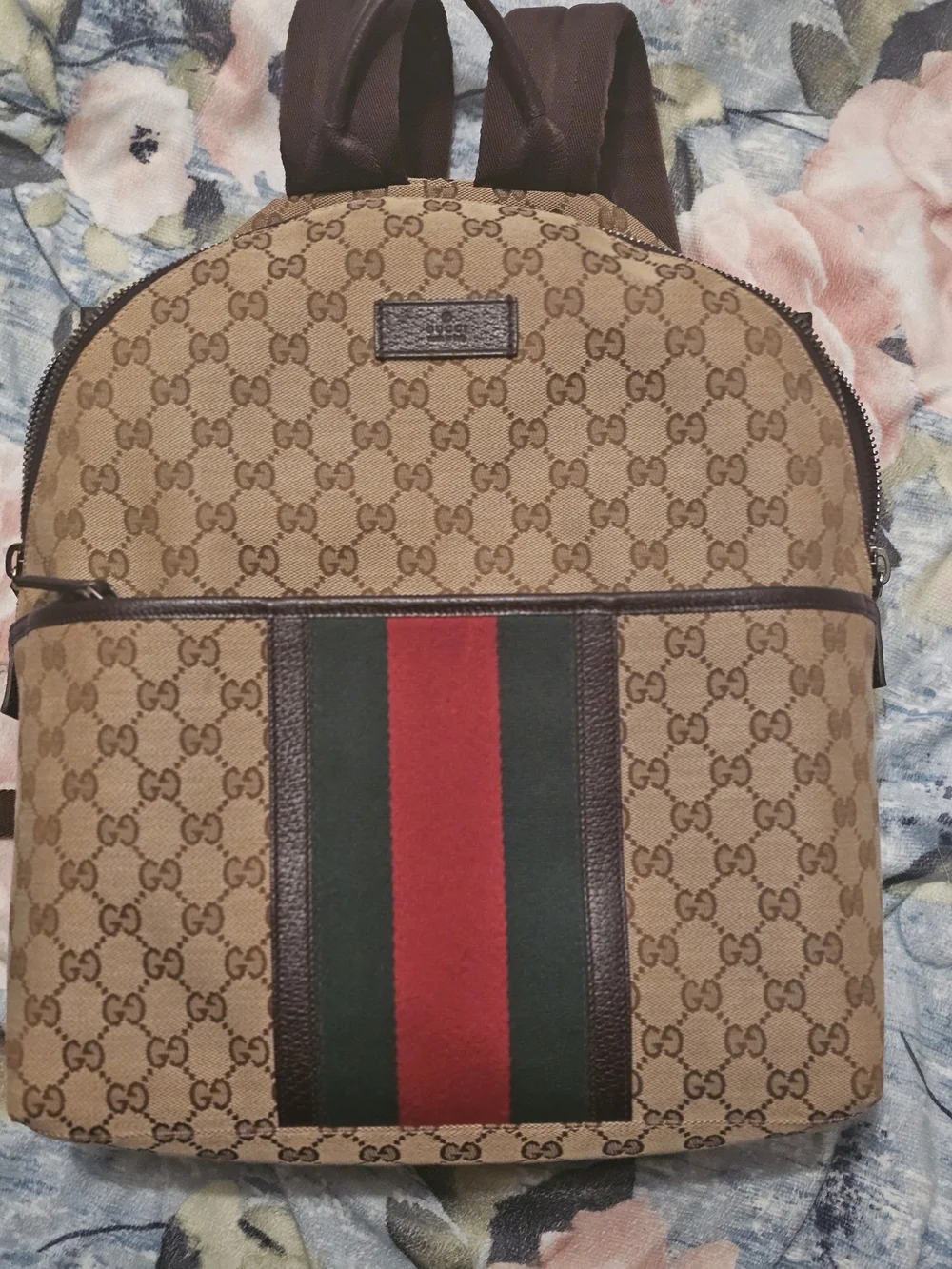 Gucci Beige GG Canvas Backpack with Green and Red Stripe